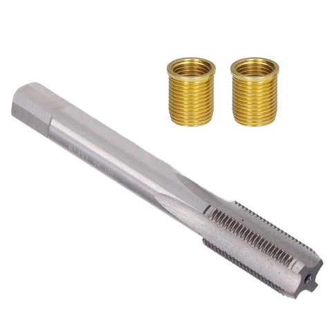 Pro Grade Spark Plug Thread Repair Kit For Automotive Engines With M12x1.25 And M14x1.25 High Speed Steel Tap And Stainless Inserts DIY Ready Heavy Duty Galvanized Long Lasting Engine Thread Repair showing steel tap and brass inserts