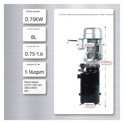Heavy Duty Hydraulic Power Unit Motor And Electric Pump Station For Forklift Tailgate Lift With 380V 0.75KW Drive close-up view with specifications.