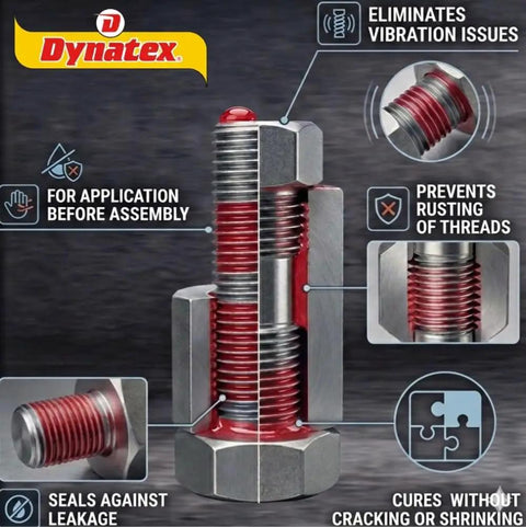 Red High-Strength Threadlocker For Large Fasteners Permanent Lock Anaerobic Formula That Withstands Vibration And Solvents 1.70 Oz Bottle 6-Pack Heavy Duty shown applied to metal bolt, illustrating its sealing and anti-vibration properties.