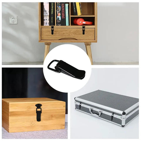 Six Pack 75mm Stainless Steel Spring Loaded Toggle Latches securing wooden and metal cases, shown with clip lock hasps.