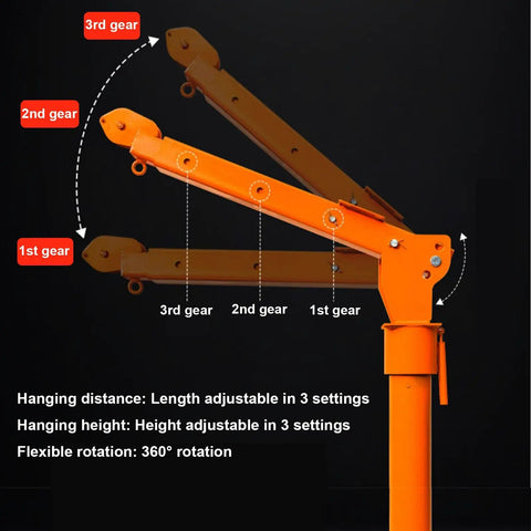 Heavy Duty Electric Pickup Truck Crane With 3500 Lb Winch 12V Powered Steel Jib Hoist showcasing 360 rotation and adjustable gears.