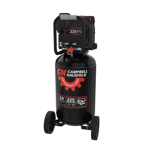 Campbell Hausfeld C151CH 15 Gallon Vertical Air Compressor With 225 PSI High Pressure Capacity on wheels, black tank, compact design.