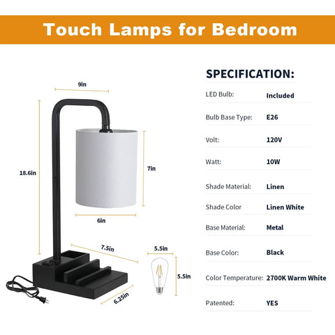Three Way Dimmable Touch Lamp For Nightstand With USB Ports And Outlet, Linen Shade, dimensions and specifications shown