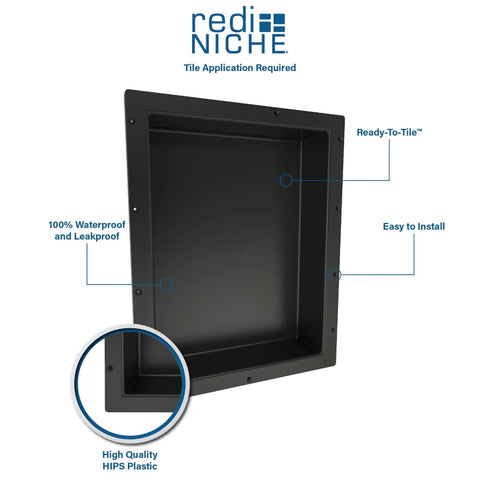Triple Shower Niche Organizer In Black With Three Shelves Recessed Tileable Surface Ready To Tile 16 Inch Width 40 Inch Height 4 Inch Depth Install Vertically Or Horizontally For All In One Shower Storage high quality HIPS plastic detail