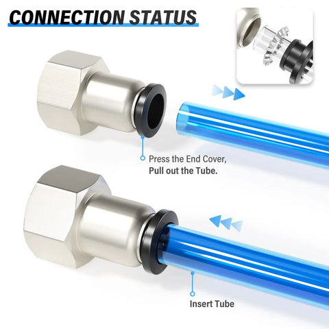 Straight Push To Connect Pneumatic Fittings 1/4 Inch Tube OD To 1/4 Inch Female NPT Thread Copper And Plastic shown in use