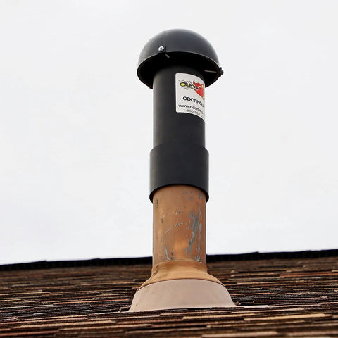 Vent Stack Pipe Filter With Mushroom Cap, Activated Charcoal Odor Control For Outdoor Septic And Sewer Odors, 4.0 Inch on rooftop