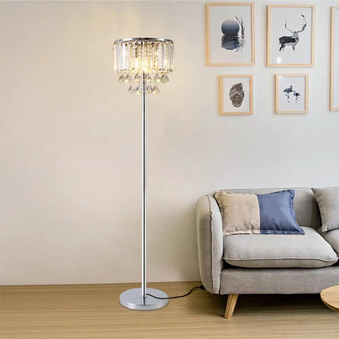 Cozy Elegant Modern Crystal Floor Lamp With Chrome Finish, 59 Inch Tall, Three Lights Lit Crystal Column Lamp in Living Room