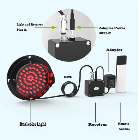 Heavy Duty Industrial Traffic Light With Wireless Remote Control Dual Red Green Signal For Loading Docks And Warehouses showing red lens, light components, and remote.