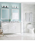 Bathroom with 3 Light Sleek Chrome Integrated LED Vanity Light With Clear Cube Glass over dual mirrors, white cabinets below