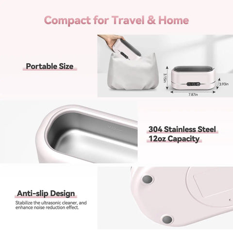 Upgraded 48KHz Ultrasonic Jewelry Cleaner Machine With 304 Stainless Steel Tank For Rings, Pink Finish, compact and portable design.