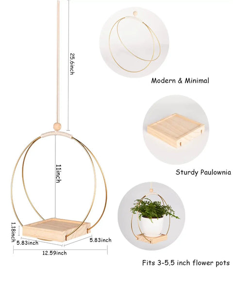 Golden Macrame Hanging Planter For Indoor Outdoor Plants With Wood Stand detail dimensions and minimalist design shown