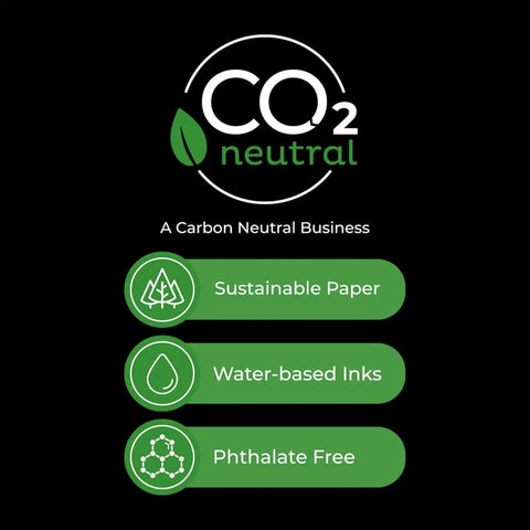 CO2 neutral certification, sustainable paper, water-based inks, phthalate-free features of Magnolia Grove Natural Wallpaper.
