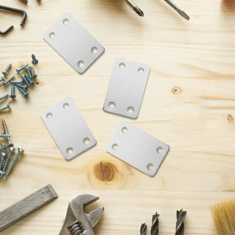 Stainless Steel Flat Brackets With Screws 20 Pack For DIYers And Home Upgrades Straight Mending Plates on wooden surface.