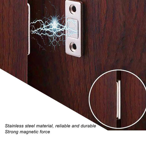 Stainless Steel Door Magnet Cabinet Catch With Heavy Duty Magnetic Closure installed on a wooden cabinet showcasing magnetic force.