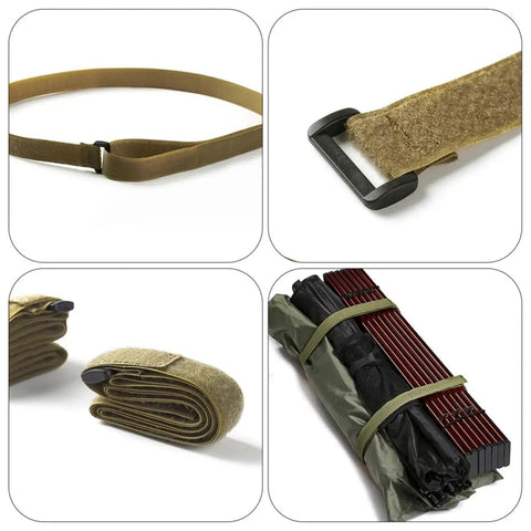 Heavy Duty Polyester Luggage Straps Four Pack For Camping And Travel shown wrapped around bundled gear for secure transport.