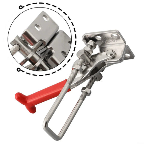Heavy Duty Stainless Steel Toggle Latch With Self Locking Clamp For Secure Panel And Lid Fastening Holds Up To 440 Pounds Load In One Hand, red handle