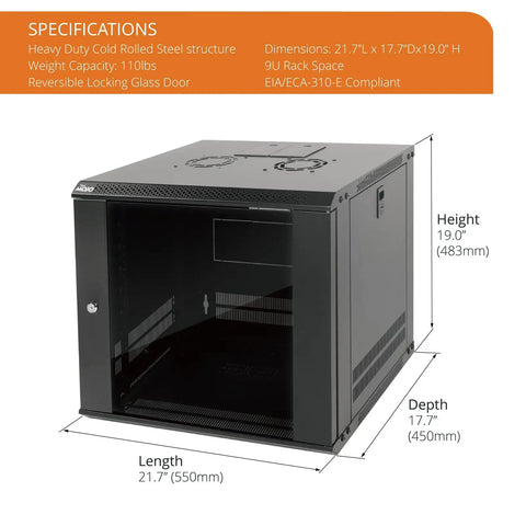 Nine U Wall Mount Server Cabinet With Lockable Tempered Glass Door And Side Panels Hella Secure Steel Build Knockout Design No Drama Setup For 19 Inch Network Racks Audio Gear Black shown with specifications.