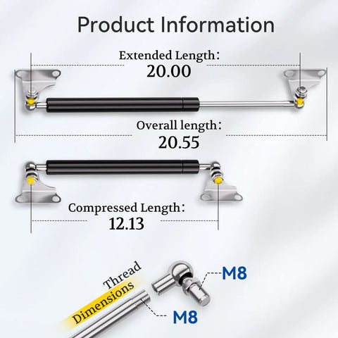 Technical diagram of Twenty Inch Gas Struts 200 Pound Lift Force 2 Pack dimensions and specifications.