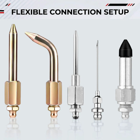 Grease Gun Needle Tip Kit 7 Piece Set Heavy Duty Pro Grade with bent and straight adapters for precision injection, metal and rubber construction