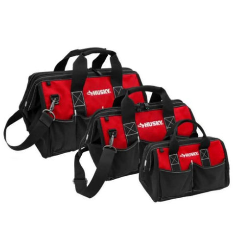 Red Tool Bag Set With 18 Inch, 15 Inch, And 12 Inch Bags, Zippered Tops And Shoulder Strap, Heavy Duty Construction for tools