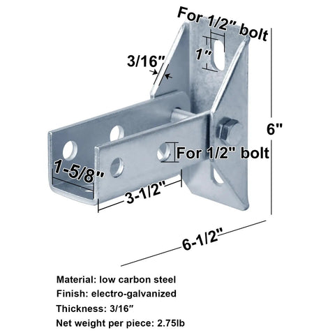 Heavy Duty Adjustable Angle Bracket 4 Pack For 1 5 8 Strut Channel with dimensions, electro-galvanized steel construction.