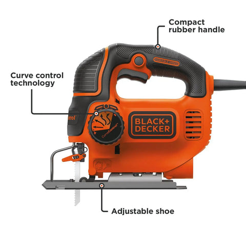 Powerful 5 Amp Corded Jig Saw With 3000 Bpm Blade Speed, Three Quarter Inch Orbital Action side view with features labeled