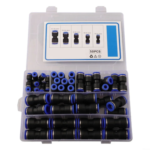 50 Pack Straight Push Connectors Pneumatic Fittings Kit With Quick Release Air Hose Adapters For Machinery Electronics And Auto Jobs In Black And Blue, 50pcs case