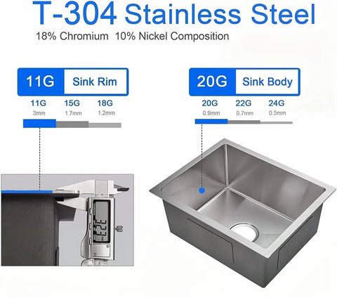 T-304 stainless steel sink with thickness details: 11G rim, 20G body; Undermount 19 Inch Single Bowl Stainless Steel Kitchen Sink SUS304 Space Saver