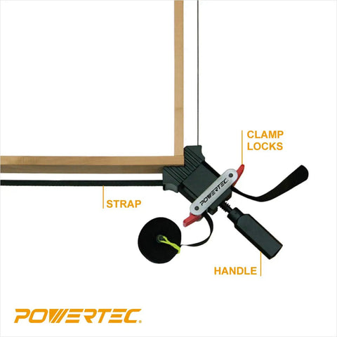 Image of Heavy Duty Strap Clamp For Woodworking With Quick Release Levers Pro Grade No Fuss Adjustable Band Clamp 13 Ft Belt Clamp securing a picture frame.