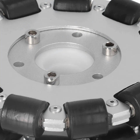 Close-up of Built Tough Double Aluminum Omnidirectional Wheel With Twenty Two Rubber Rollers 127mm Diameter, showcasing roller details.