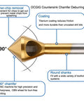 Front view of titanium-coated countersink chamfer tool showing 90-degree point with durable round shank for metal, wood, and plastic.