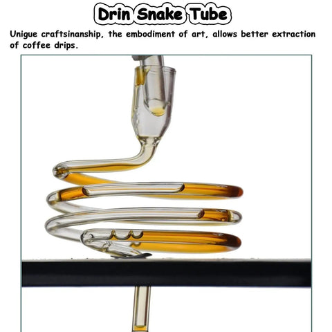 Smooth Sip Premium Ice Drip Coffee Maker For Cold Brew Tower With Pine Wood And Glass Holds 5 To 8 Cups. Close-up of Drin Snake Tube.