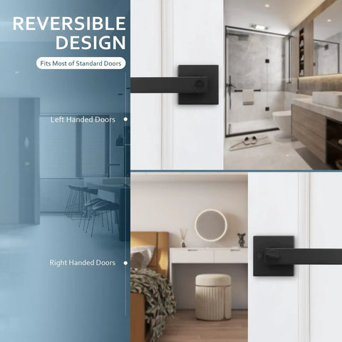 Six Pack Privacy Door Handles Black No Keys For Bedroom And Bathroom Interior Levers shown on standard doors setup