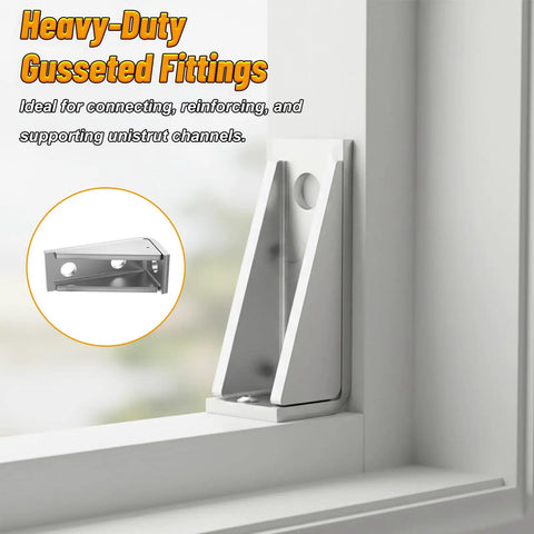 Built Tough As Nails Heavy Duty Welded Corner Braces Ninety Degree Gusseted Fittings For 1-5/8 Strut Channel Three Hole L Angle Connectors Four Pack, close-up of steel gusseted fitting installed.