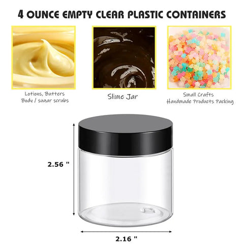 12 Pack 4 Oz Clear Plastic Sample Jars With Heavy Duty Black Screw Top Lids Super Portable Travel Cosmetic Storage Containers displayed with dimensions and usage examples.