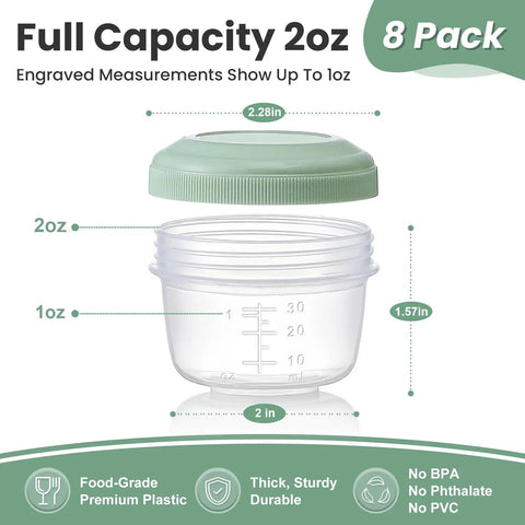 Eight Pack 2 Oz Salad Dressing Containers To Go With Lids For Lunch Boxes And Bento, reusable plastic shown with measurements