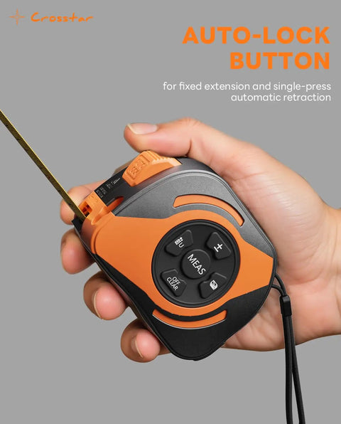 Built Tough 2 In 1 Laser Tape Measure With 197 Foot Range And Bright Green Beam Paired With A Spiffy 16 Foot Dual Sided Manual Tape showing auto-lock button and measurement display.
