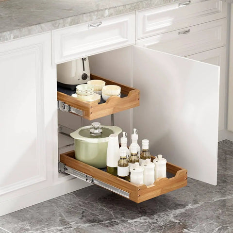 The Real Deal Heavy Duty Two Tier Pull Out Cabinet Organizer With Super Smooth Gliding Wood Shelves, featuring two wooden shelves with kitchen items.