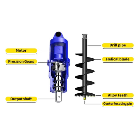 Heavy Duty Excavator Earth Auger Drive Unit with motor and precision gears, showing drill pipe and helical blade for foundation installation.