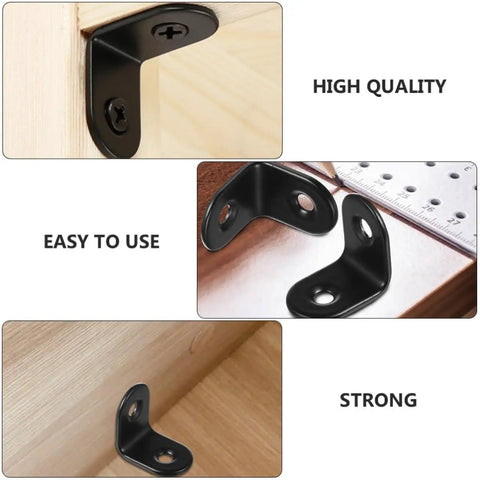 Black L Shape Corner Brackets Set Of 18 With Screws Stainless Steel Right Angle Fasteners for DIY cabinet repair