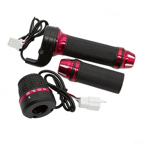 Four Gear Electric Bike Throttle Grip With ABS Rubber Handle For 48V 60V 72V Ebikes, dual grip set with cables, red accents