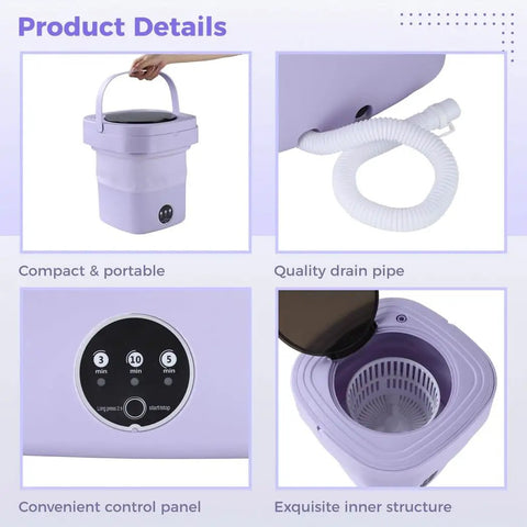 Portable Mini Washing Machine, 10 5 Liter Foldable Compact Laundry Spin Dryer With Quick Timer, showing control panel and drain pipe.