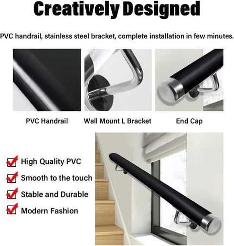 Solid As A Rock Black PVC Railing Kit With Non Slip Banister Spindles And Wall Mount Brackets For Decks Patios And Balconies installed on stairs