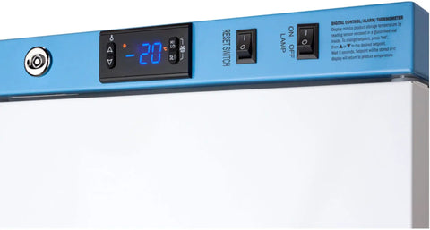 Zero Hassle 9.5 Cubic Foot Upright Vaccine All Freezer with digital control panel and temperature display for labs.
