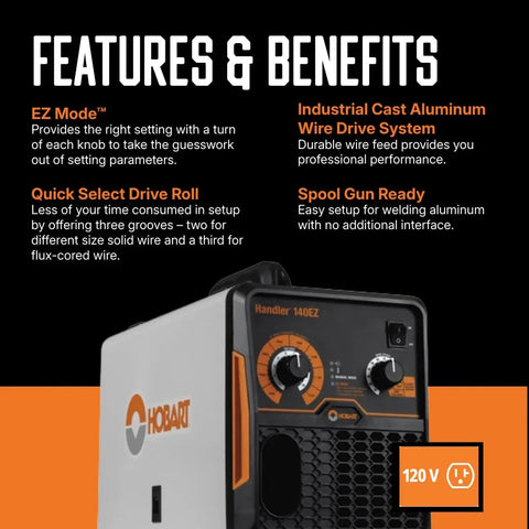 Features of 140EZ 120V Wire Feed MIG Welder With Spool Gun for Aluminum, including EZ Mode and quick select drive roll