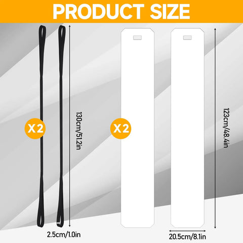 Two Pack Appliance Sliders With Pull Strap For Refrigerators And Heavy Duty Furniture Glide No Tools Needed Foldable Plastic Glide Blocks For Hardwood And Tile Floors Easy Glide On Every Move 8 x 48 Inch Size Black Pull Cord Included displayed with dimensions of sliders and cords.