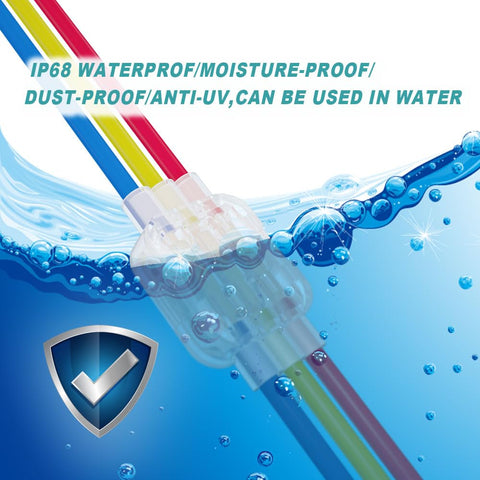 Rugged Waterproof Wire Connectors Plug And Play Insert IP68 Moisture Guard with multiple colored wires submerged in water