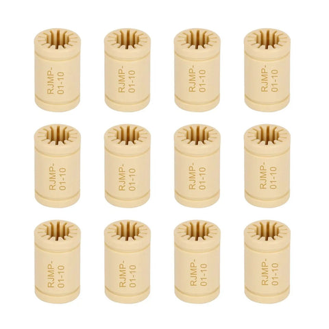 12 Pack Sealed Steel Linear Ball Bearings 10X19X29mm LM10UU Mini Slide Bushings for CNC and 3D Printers, beige color.