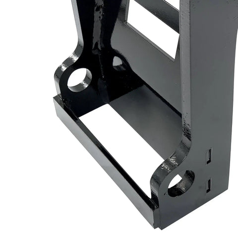 Close-up of X Change Quick Hitch Coupler For Mini Excavators, Beefy Black Coated Steel Attachment, Heavy Duty Bracket
