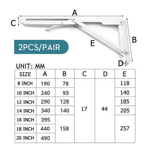 Two Pack Heavy Duty Folding Shelf Brackets Stainless Steel Collapsible Mounts, white 18 inch, with dimension chart.